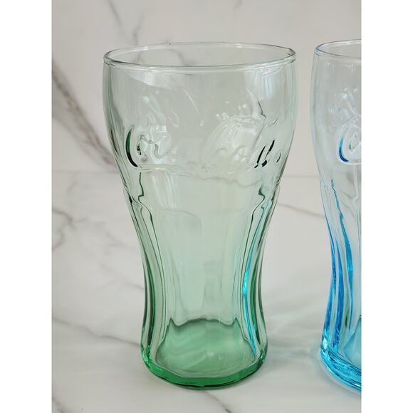 Coca Cola Drinking Glasses Embossed Logo 16oz Glass Tumblers Turquoise Green x3 - Picture 2 of 12